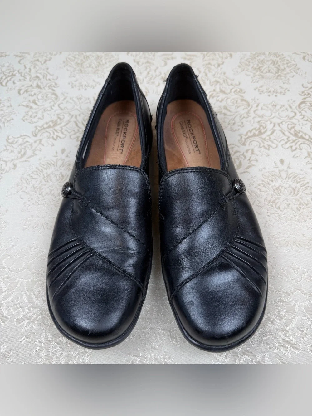 Rockport Black Leather Slip-On Loafers with Stitch Detail